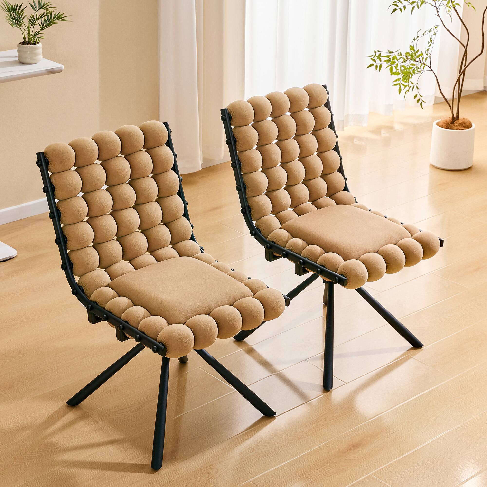 Angle. Loheer - Loheer Velvet Dining Chairs Set of 2 Bubble Tufted Accent Chairs for Dining Room Kitchen with Black Legs 1.63 ft - Black,Brown.