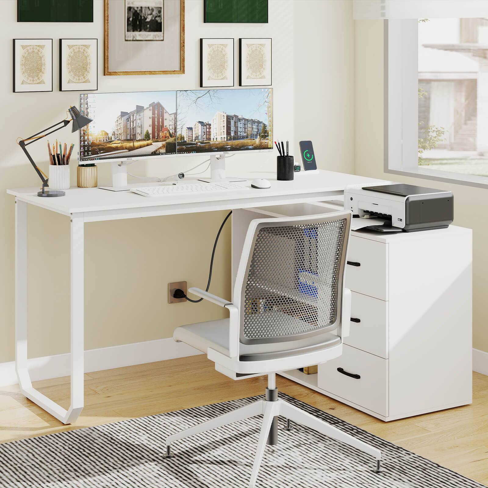 Alt View 1. Costway - Costway L-Shaped Desk with Power Outlet 55" Reversible Computer Desk with 3 Drawers - White.