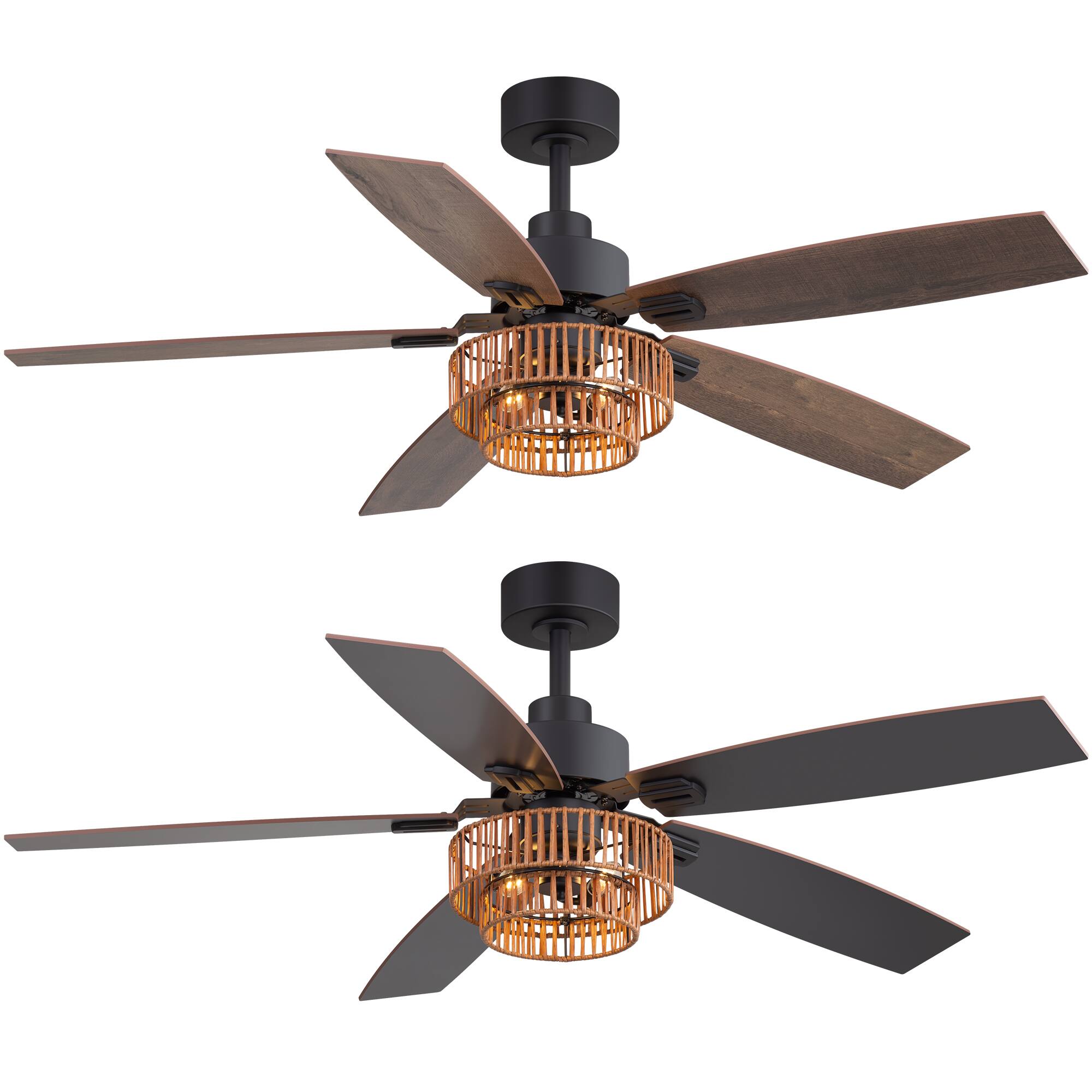 Alt View 9. Breezary - 52-in Ceiling Fan with Two-Tier Rattan Basket Shade, Dual-finish blades, Timer, DC Motor, Remote & 6″ Downrod - Black and Deep Walnut.