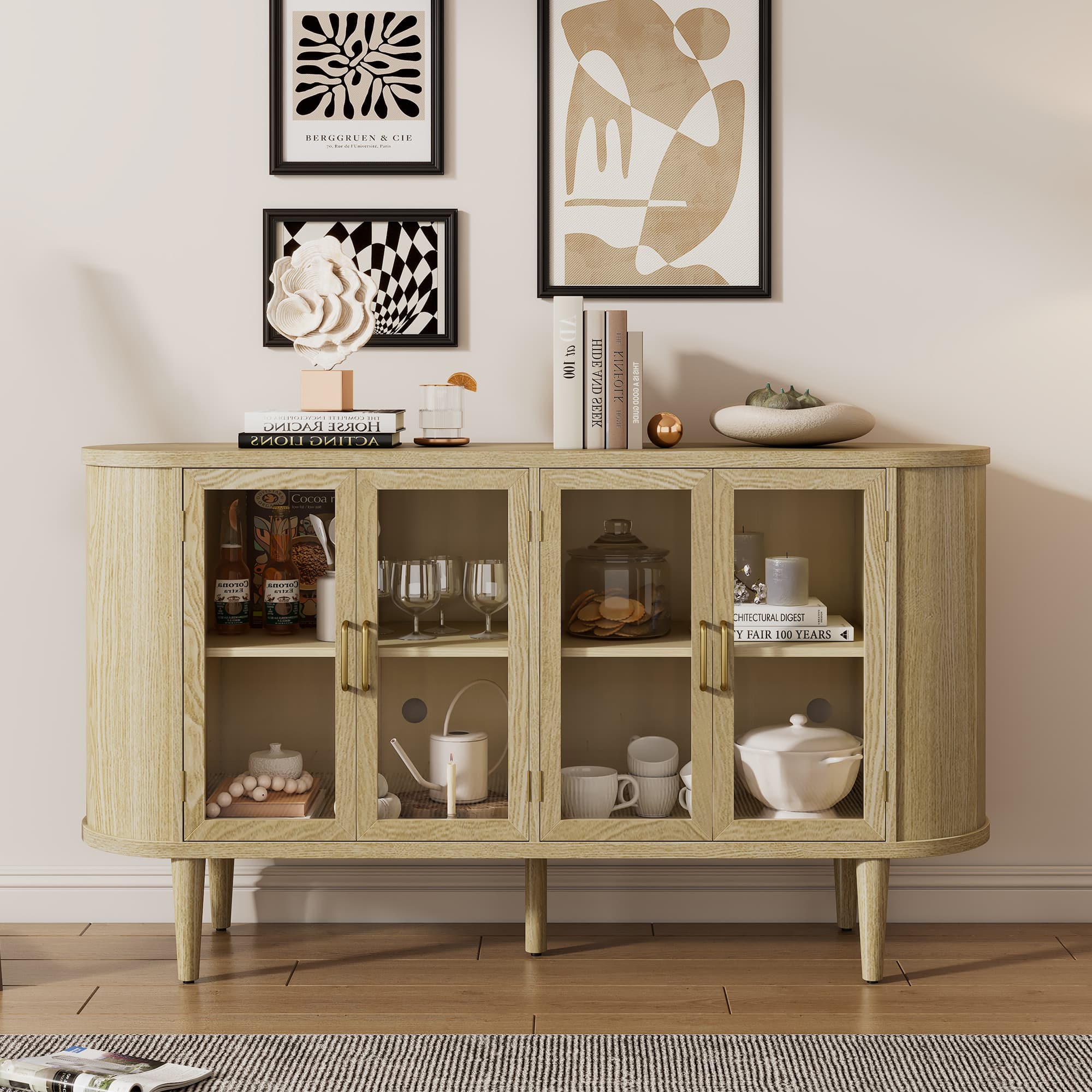Bestier - Farmhouse Sideboard Cabinet with Storage with Glass Doors and Adjustable Shelves for Kitchen and Living Room (Natural) - Yellow