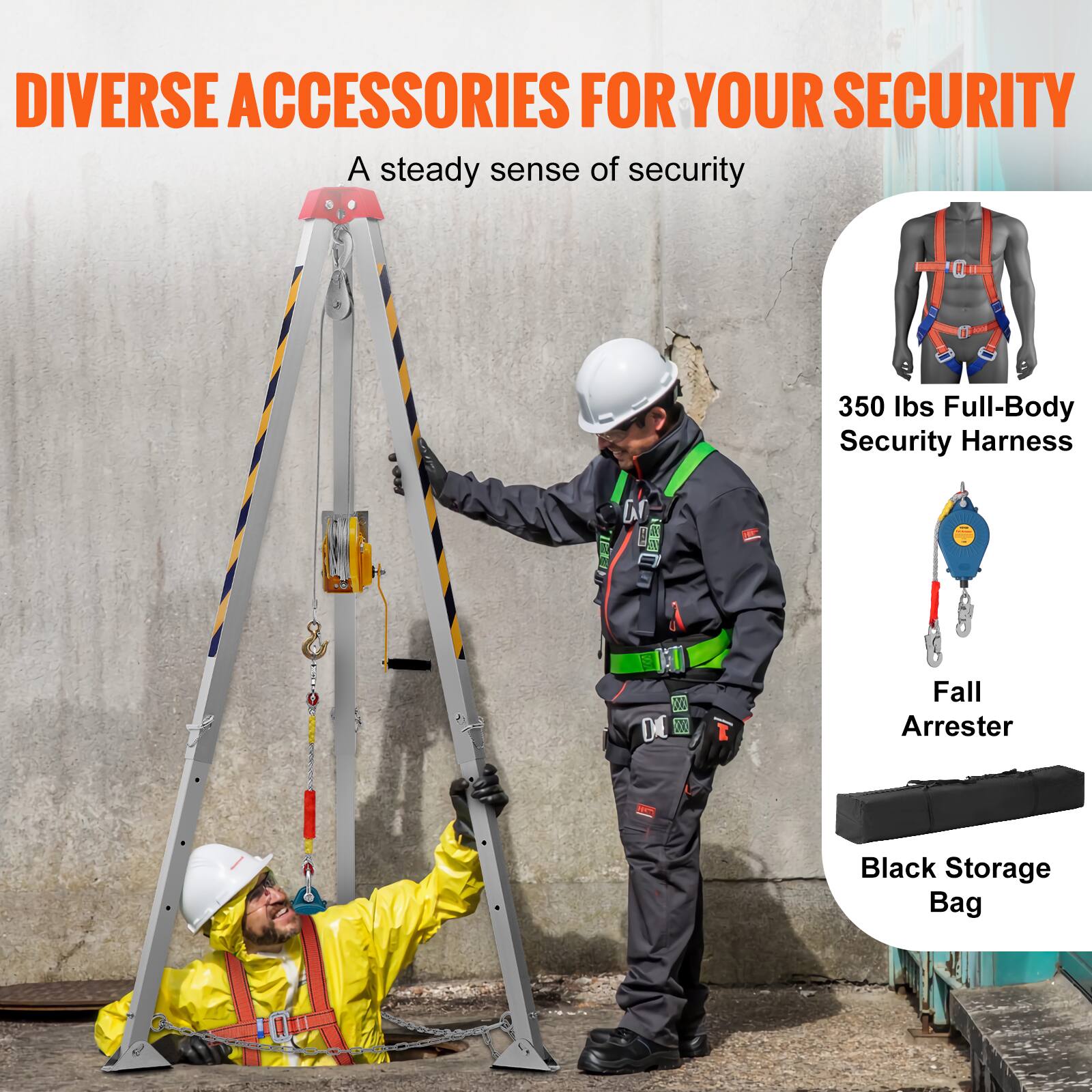 DIVERSE ACCESSORIES FOR YOUR SECURITY  
A steady sense of security  

1. 350 lbs Full-Body Security Harness  
2. Fall Arrester  
3. Black Storage Bag