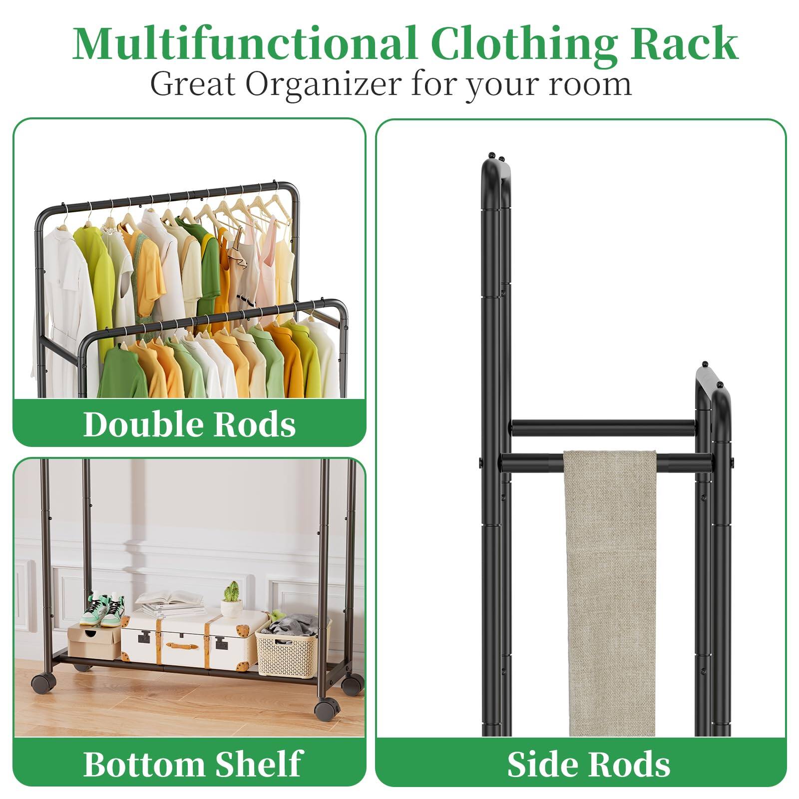 Multifunctional Clothing Rack  
Great Organizer for your room  

Double Rods  
Bottom Shelf  
Side Rods