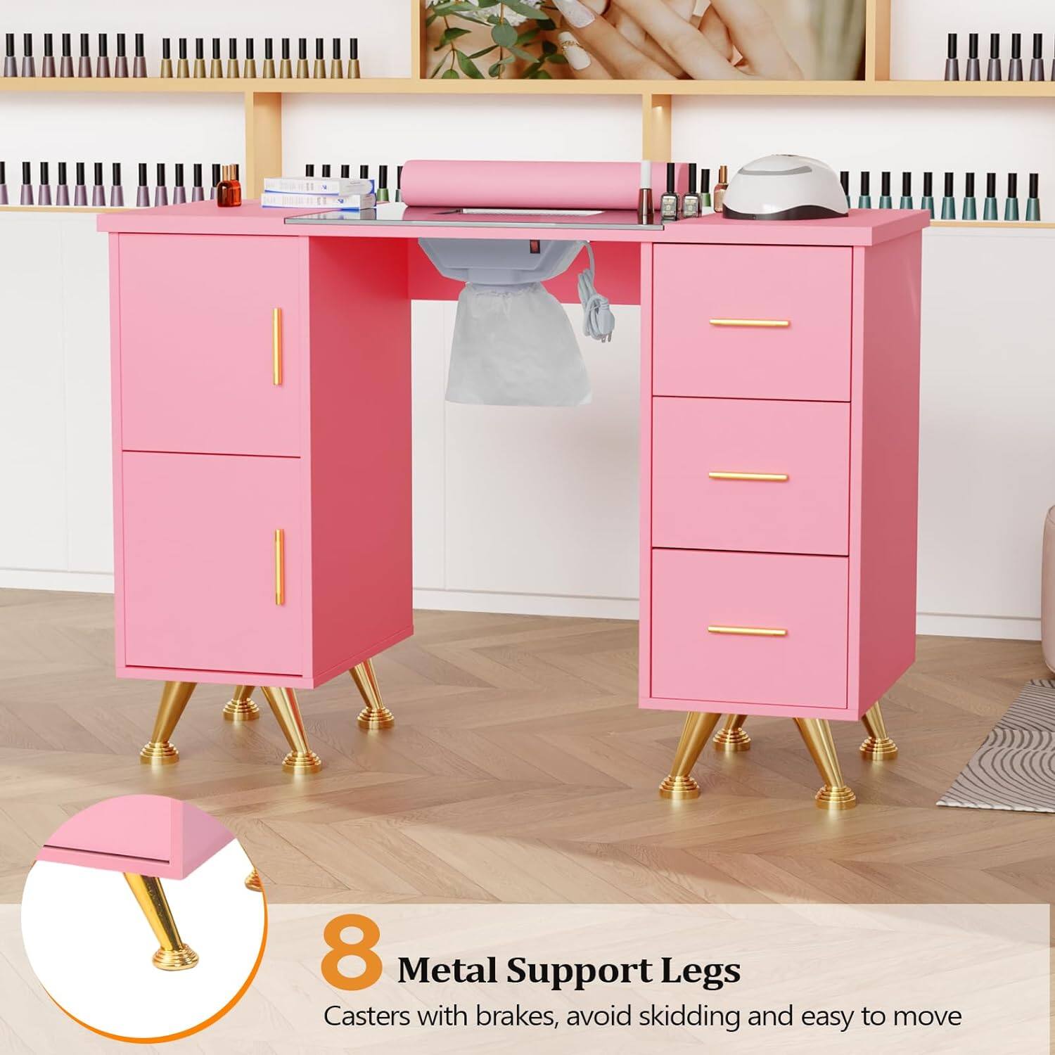 8 Metal Support Legs  
Casters with brakes, avoid skidding and easy to move