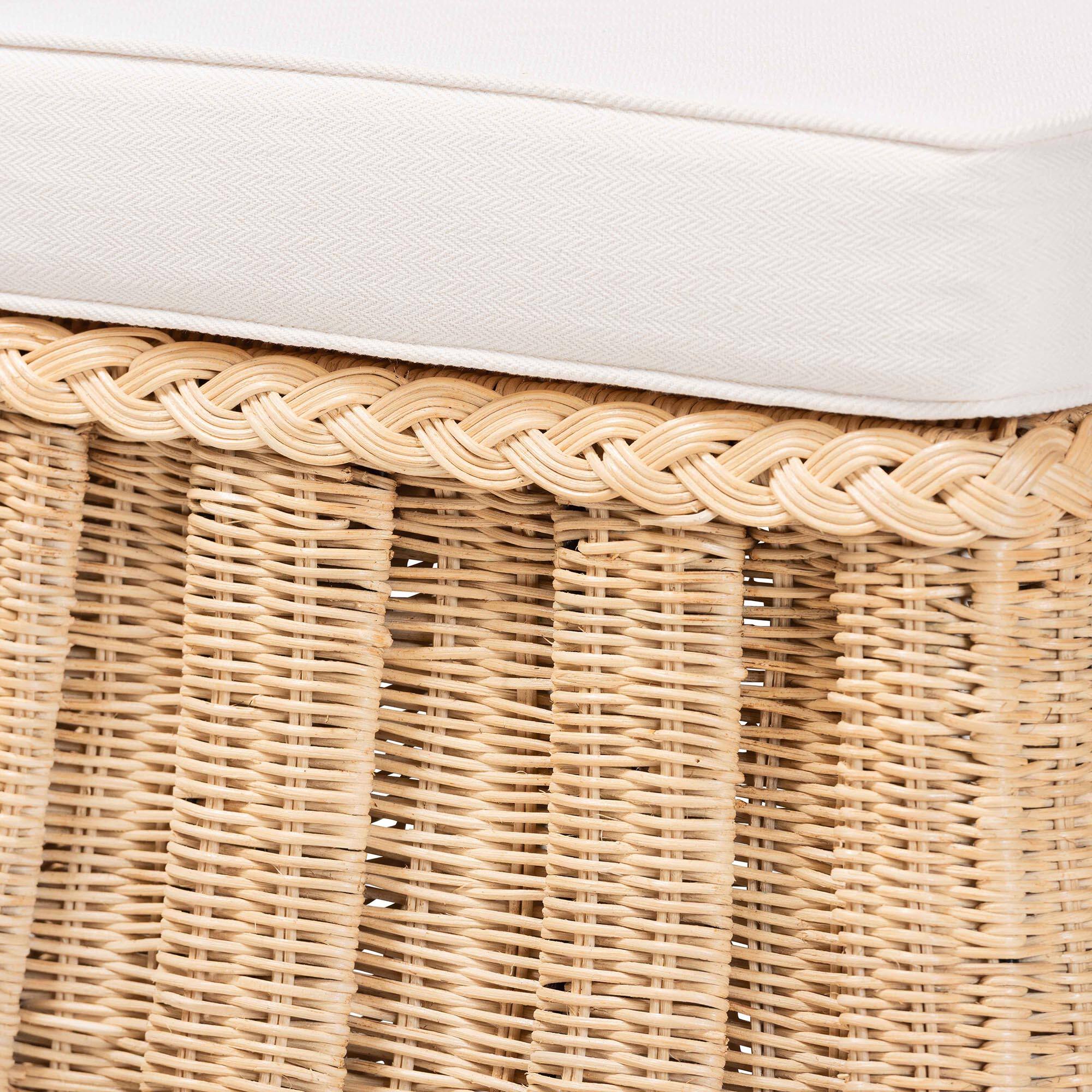 Left. bali & pari - Rotem Natural Rattan Ottoman with Cushion - Handwoven Wicker Pleated Skirt Accent Coffee Table, Small - Natural Brown.