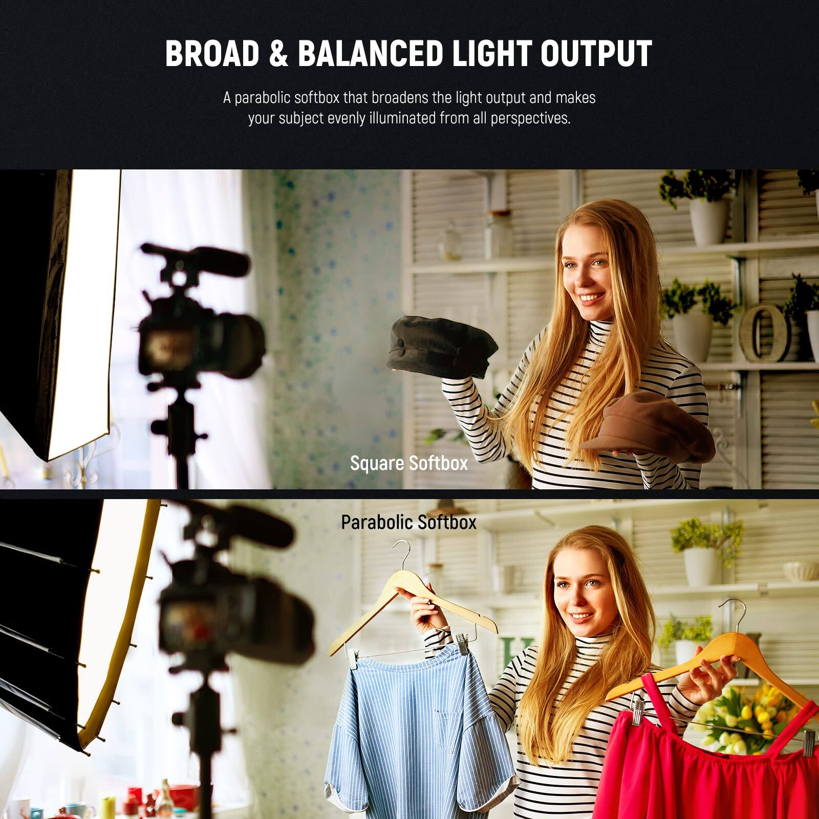 BROAD & BALANCED LIGHT OUTPUT

A parabolic softbox that broadens the light output and makes your subject evenly illuminated from all perspectives.

Square Softbox

Parabolic Softbox