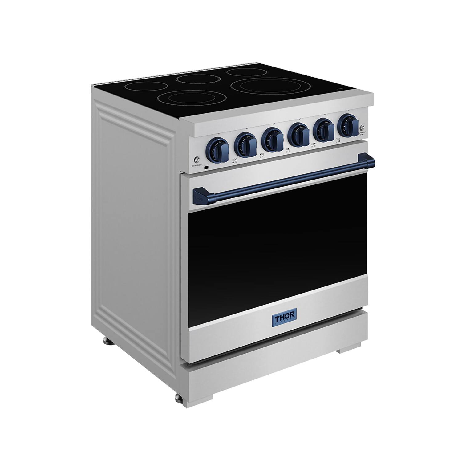 Angle. Thor Kitchen - Gordon Ramsay Series by Thor Kitchen 4.55 Cu. Ft Freestanding Electric Range with Navy Blue Hardware - Stainless steel.
