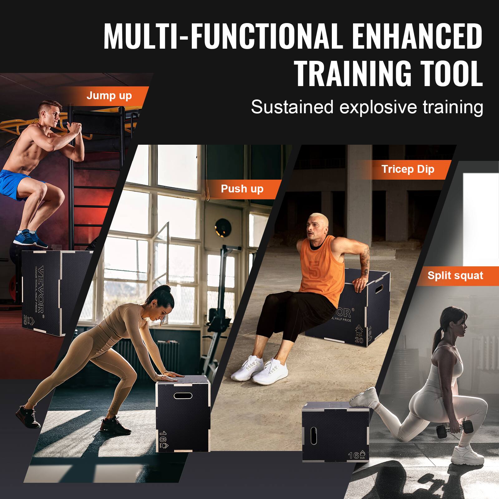 The text on the image can be grouped and corrected as follows:

**Multi-Functional Enhanced Training Tool**

- **Jump up**: Sustained explosive training
- **Push up**
- **Tricep Dip**
- **Split squat**

Each exercise is demonstrated using the training tool.