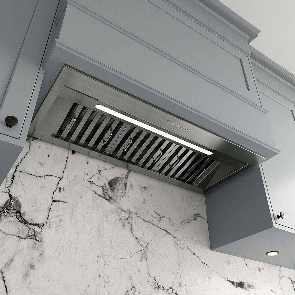 Alt View 1. Streamline - 34 in. Pescara Ducted Insert 350 CFM Range Hood, Baffle Filters, Electronic Button Control, LED Light - Brushed Stainless Steel.