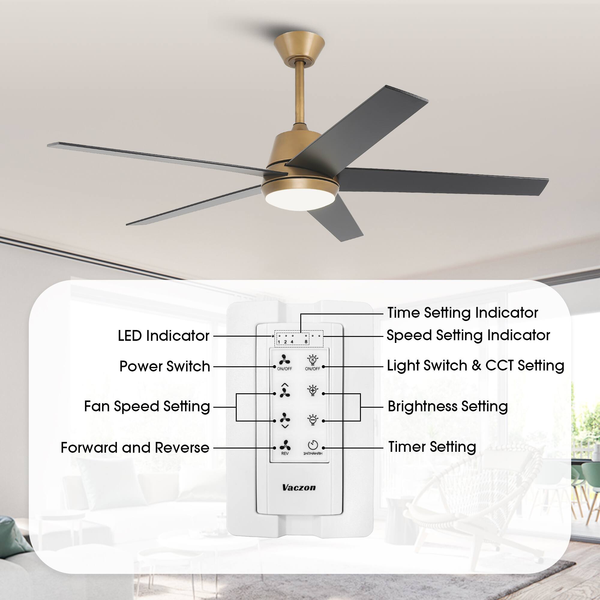 LED Indicator  
Power Switch  
ON/OFF  
Fan Speed Setting  
Forward and Reverse  
REV  
Time Setting Indicator  
Speed Setting Indicator  
Light Switch & CCT Setting  
Brightness Setting  
Timer Setting  
Vaczon