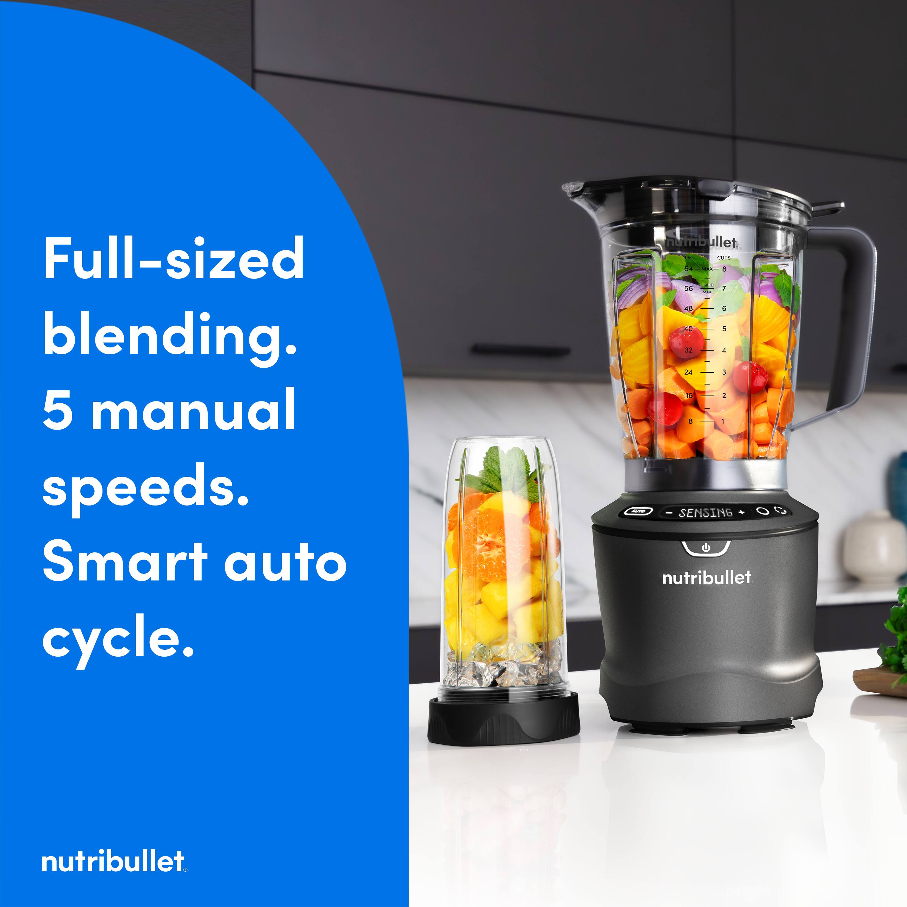 Full-sized blending. 5 manual speeds. Smart auto cycle. NutriBullet - Cum -  d S6 2 - 4 & - 4 M a ia | 1 - D 1 . I - - SENSING 00 nutribullet nutribullet.