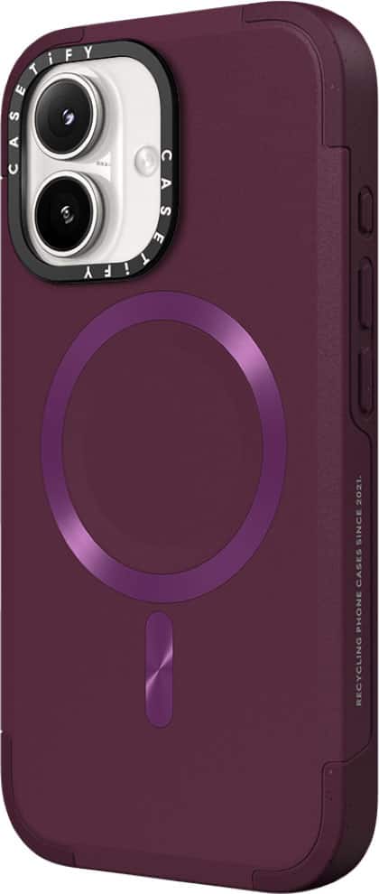 The image features a purple case for a cell phone, which is designed to protect the device. The case is made of a hard plastic material and has a circular design. The case is also described as being made of rubber, which provides additional protection for the phone. The case is designed to be sturdy and durable, ensuring the safety of the phone inside.