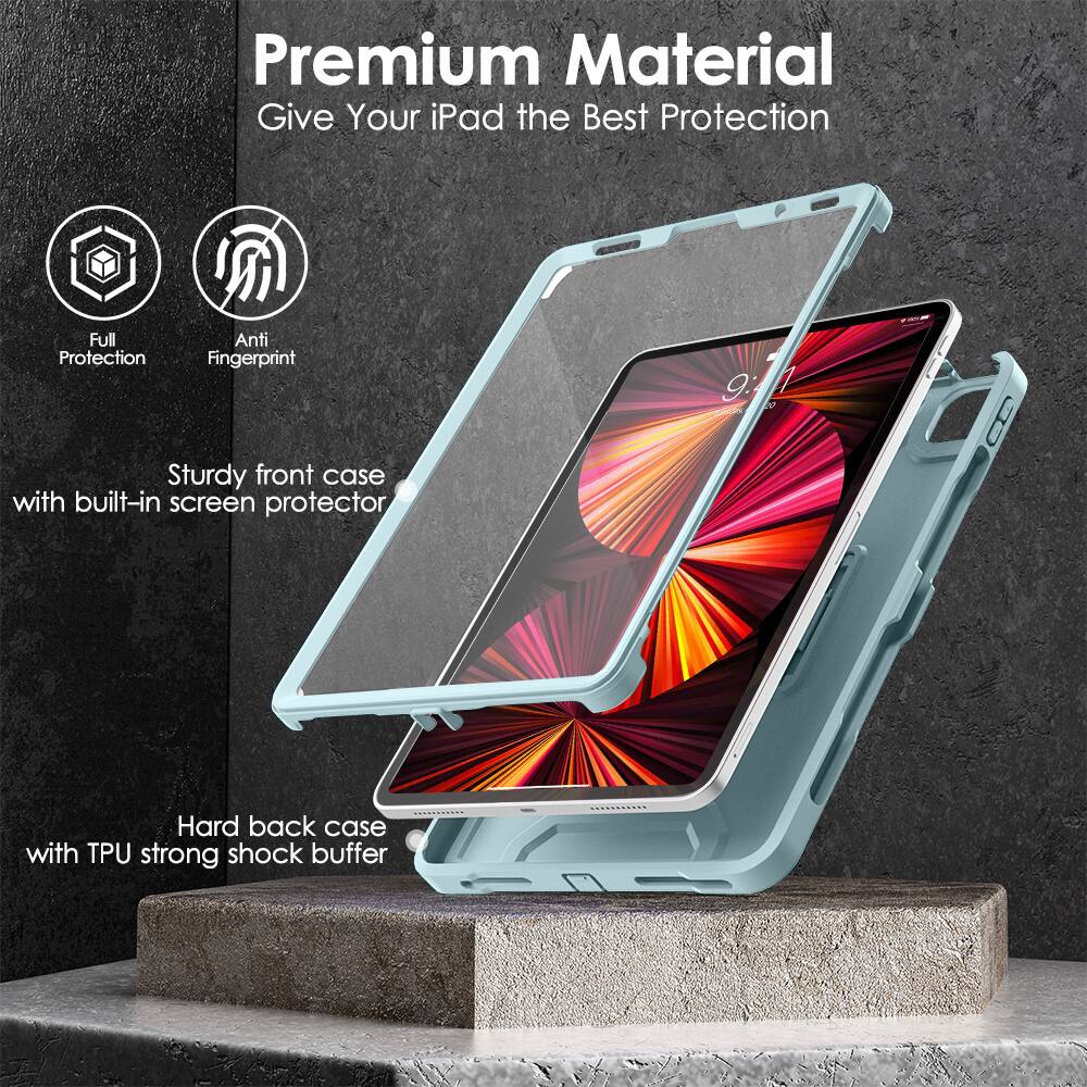 Premium Material  
Give Your iPad the Best Protection  

- Full Protection  
- Anti Fingerprint  

Sturdy front case with built-in screen protector  

Hard back case with TPU strong shock buffer