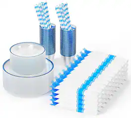 Winado - 400 Piece Disposable Dinnerware Set with Plates, Cups, Napkins & Cutlery for 50 Guests, Clear Plastic Plates for Party - Blue