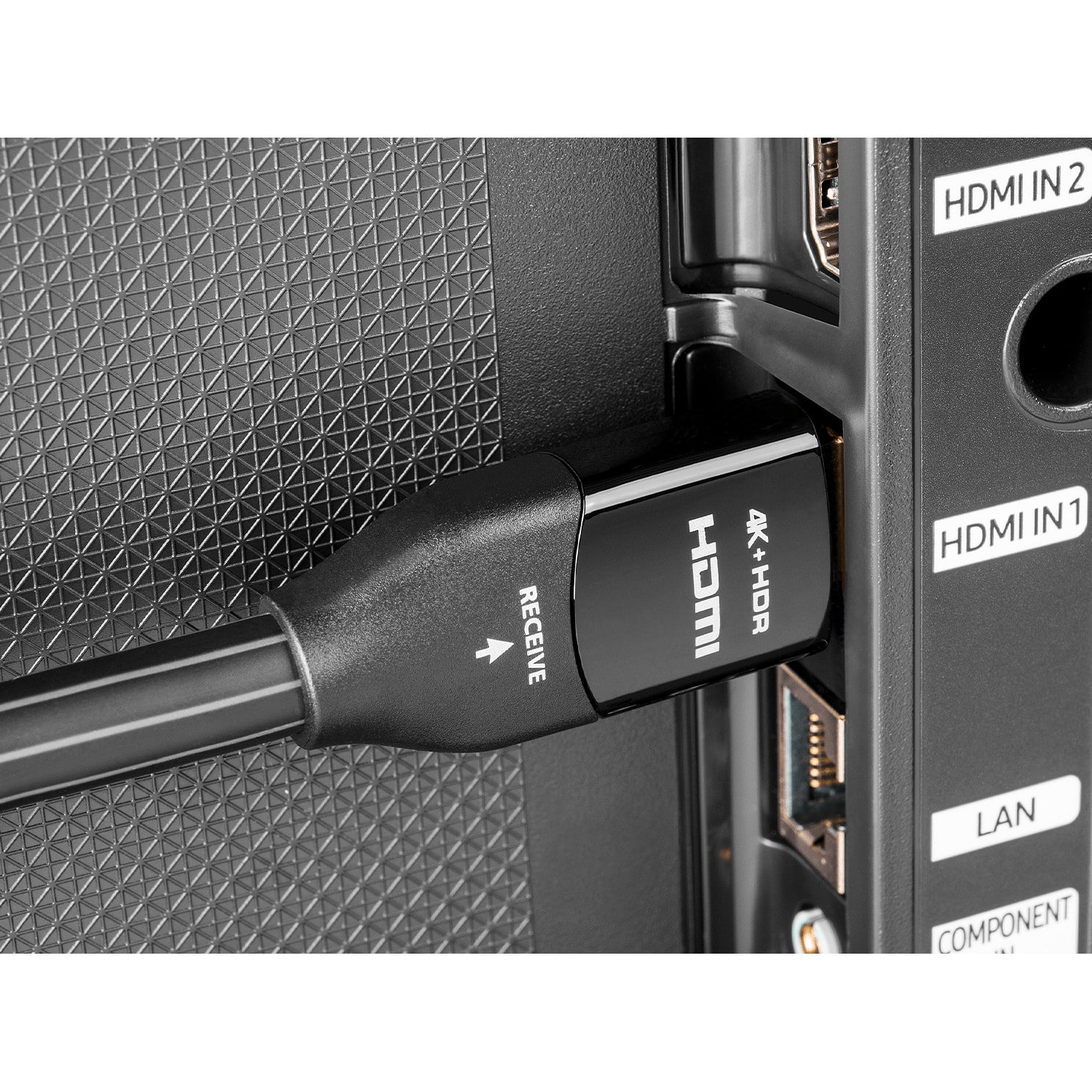 The text on the image reads: "HDMI IN 2 HDMI RECEIVE HDMI 4K + 3D HDMI IN1 LAN COMPONENT."