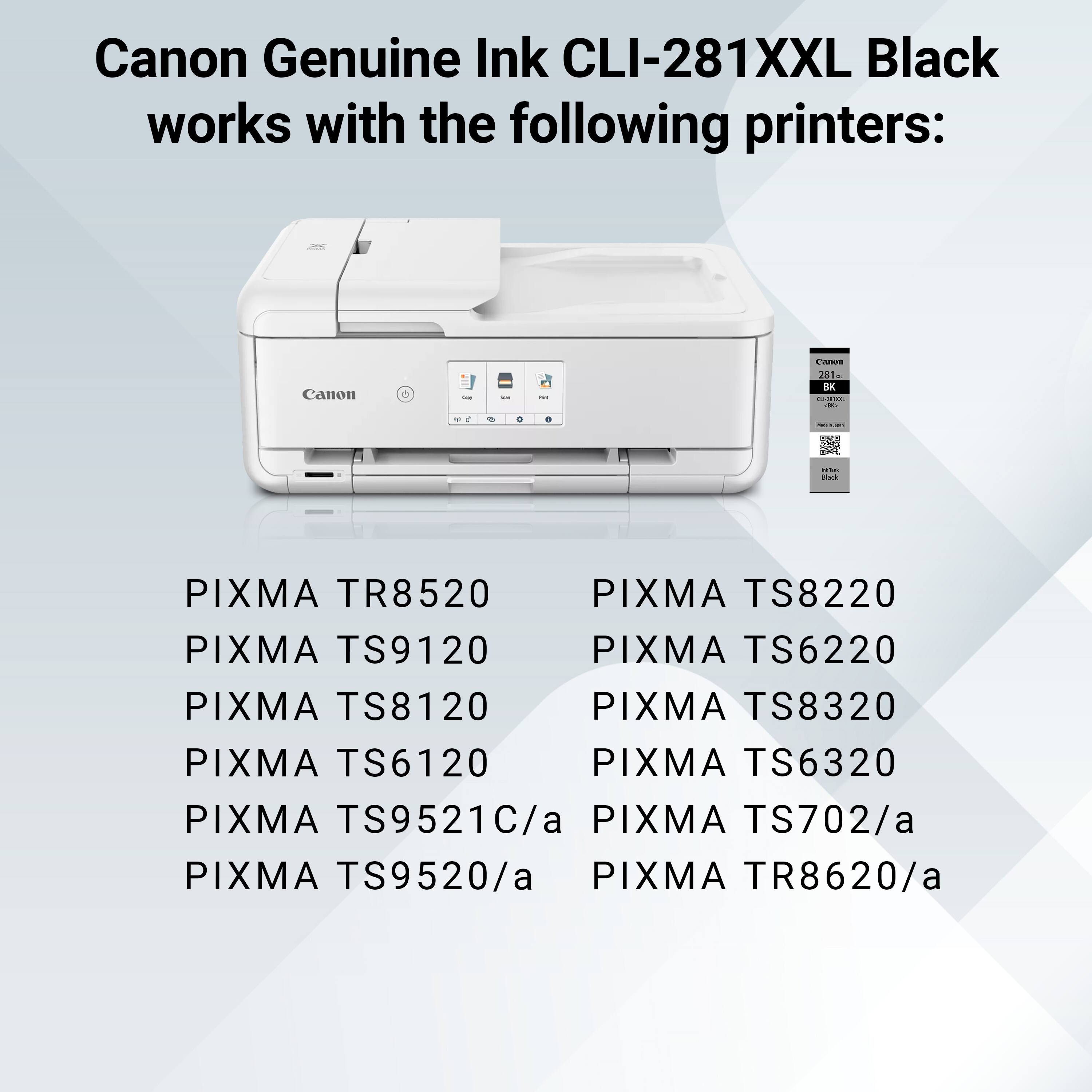 Canon Genuine Ink CLI-281XXL Black works with the following printers:

- PIXMA TR8520
- PIXMA TS9120
- PIXMA TS8120
- PIXMA TS6120
- PIXMA TS9521C/a
- PIXMA TS9520/a
- PIXMA TS8220
- PIXMA TS6220
- PIXMA TS8320
- PIXMA TS6320
- PIXMA TS702/a
- PIXMA TR8620/a