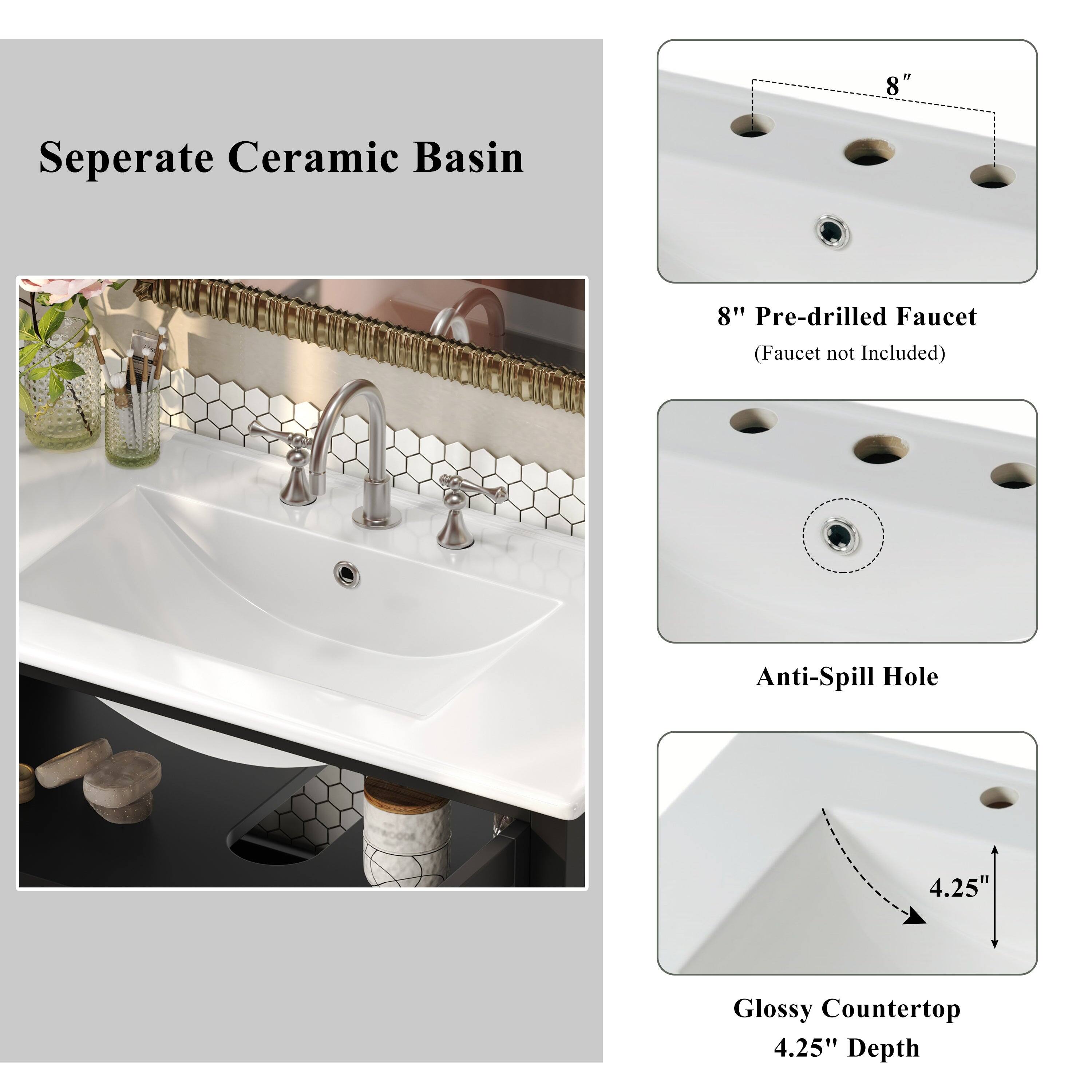 Separate Ceramic Basin

8" Pre-drilled Faucet (Faucet not Included)

Anti-Spill Hole

Glossy Countertop 4.25" Depth