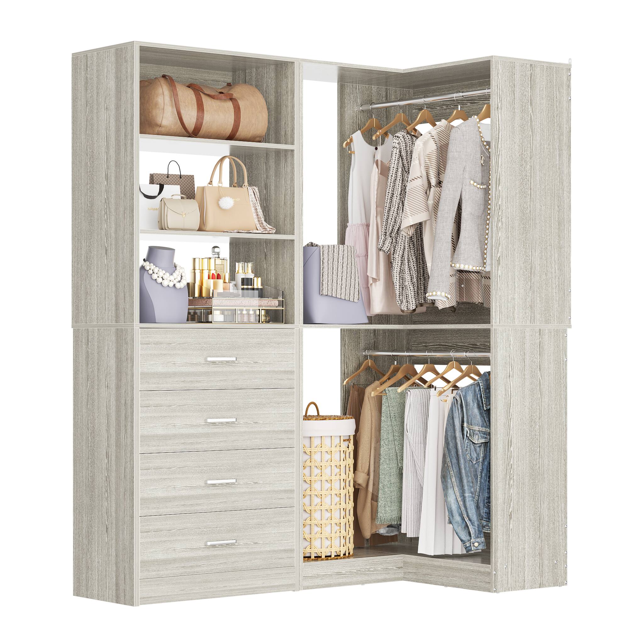 Alt View 2. Aheaplus - 4.4FT Closet Organizer System 2-Piece Set with 4 Drawers, 2 Hanging Rods and Storage Shelves, 52.8'' L x 31.5'' W - Beige Oak.