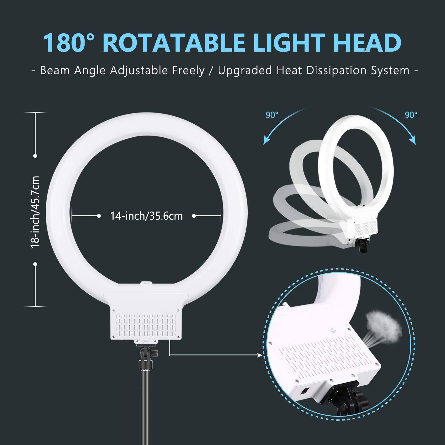 180° ROTATABLE LIGHT HEAD  
- Beam Angle Adjustable Freely / Upgraded Heat Dissipation System  
- 18-inch/45.7cm  
- 14-inch/35.6cm