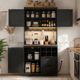Aheaplus - 72'' Tall Pantry Cabinet with 2 Drawers & Grid Wine Rack, Storage Cabinet with Power Outlets & LED Lights - Black & Brown
