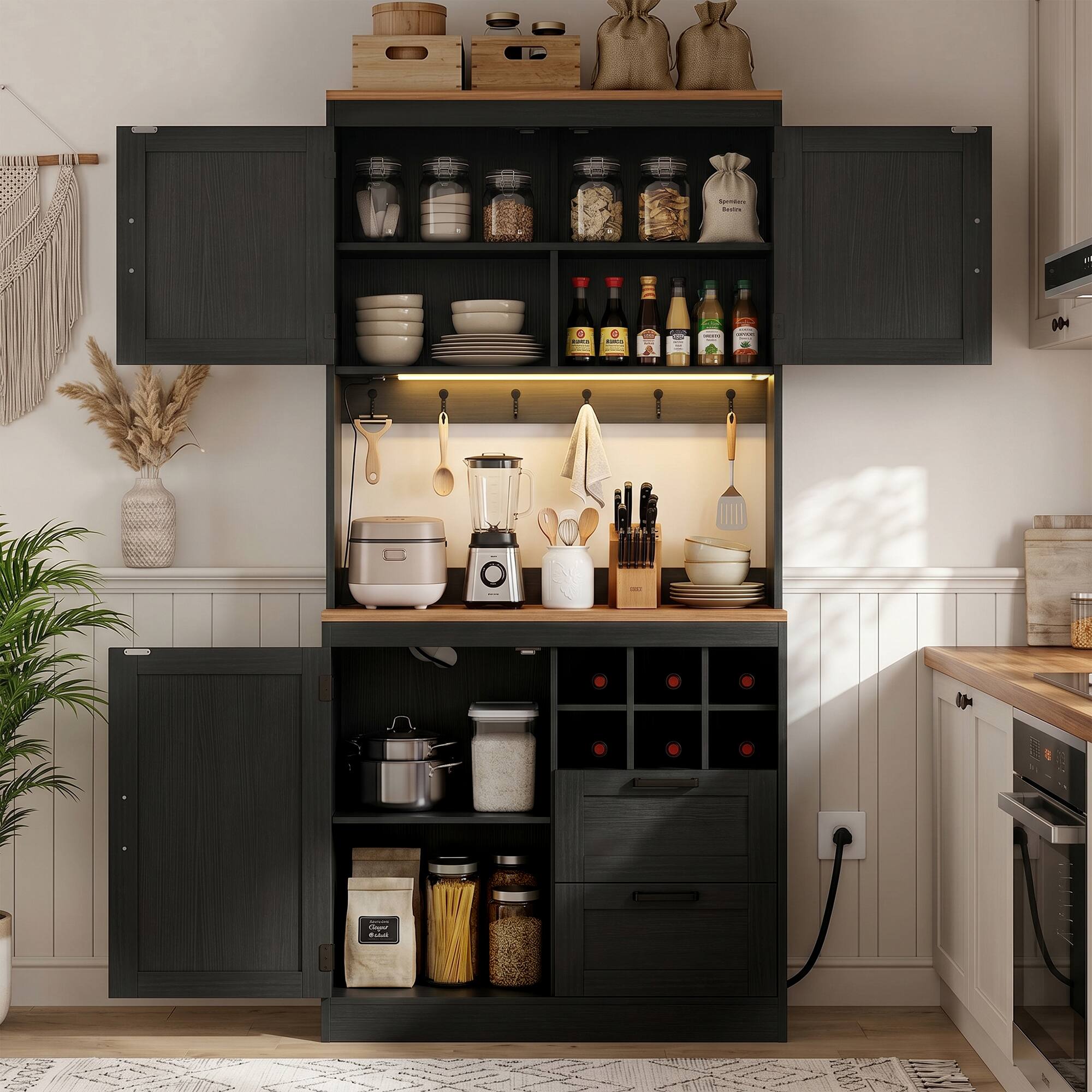 Front. Aheaplus - 72'' Tall Pantry Cabinet with 2 Drawers & Grid Wine Rack, Storage Cabinet with Power Outlets & LED Lights - Black & Brown.
