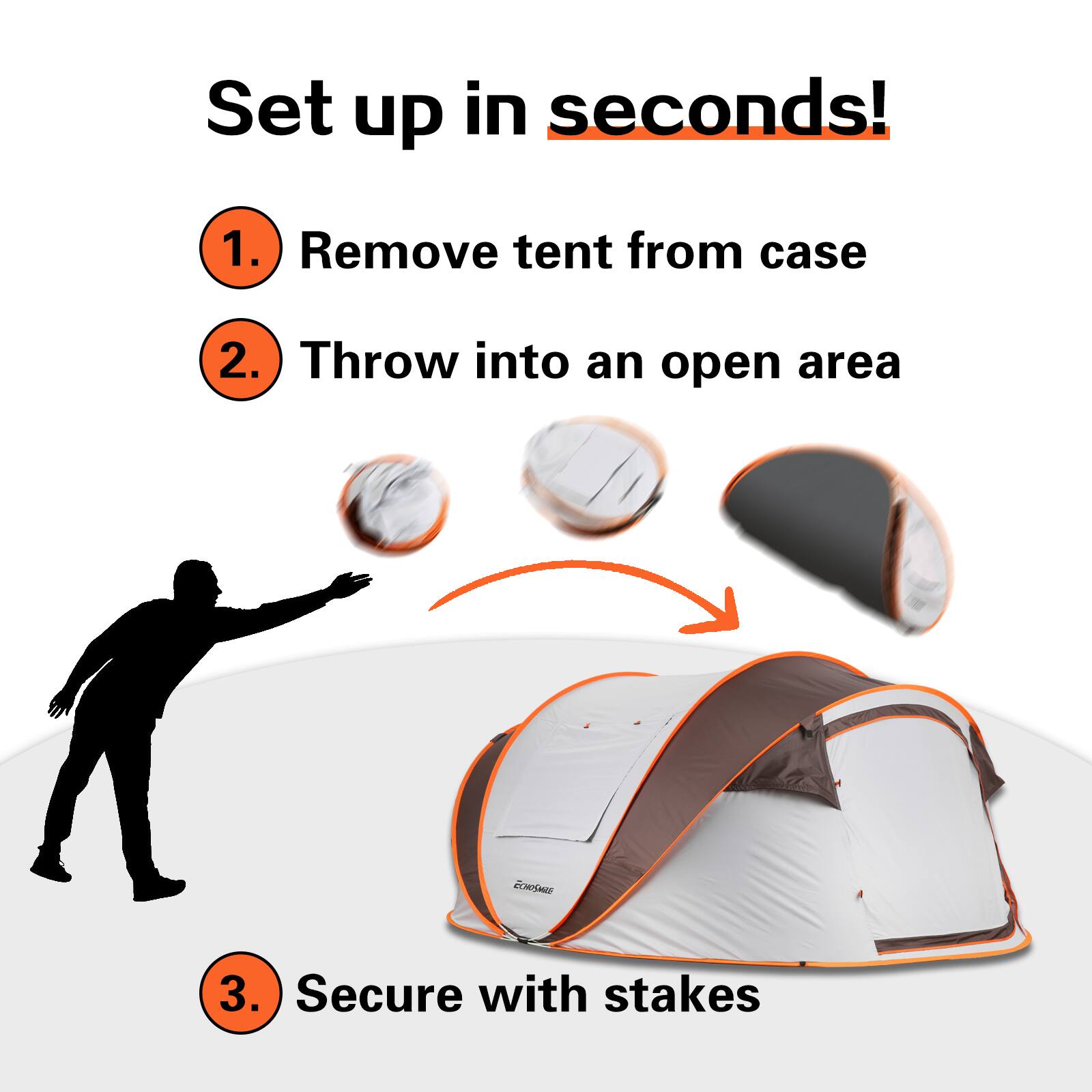 Set up in seconds!

1. Remove tent from case
2. Throw into an open area
3. Secure with stakes