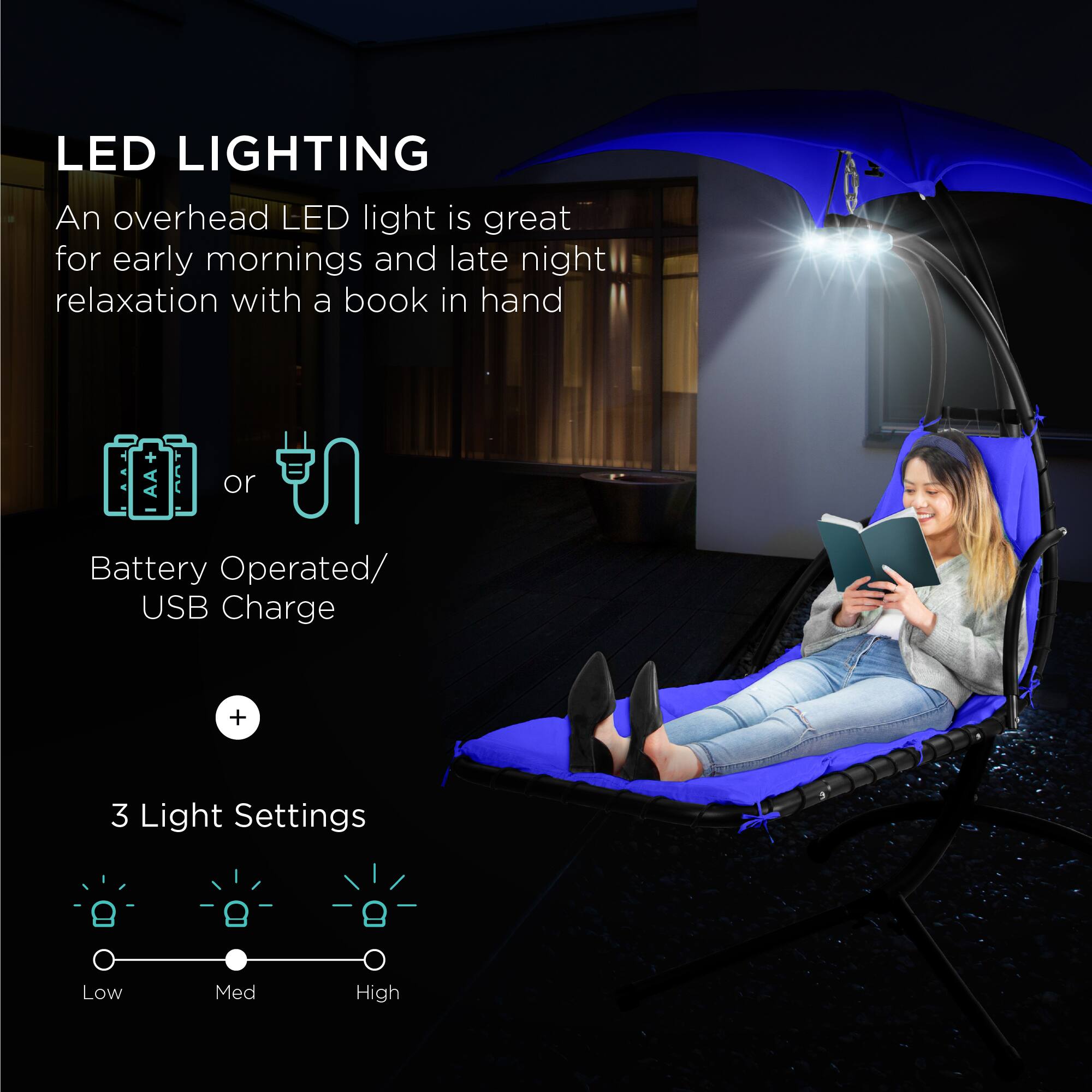 LED LIGHTING  
An overhead LED light is great for early mornings and late night relaxation with a book in hand  

Battery Operated/ USB Charge  

3 Light Settings  
Low Med High