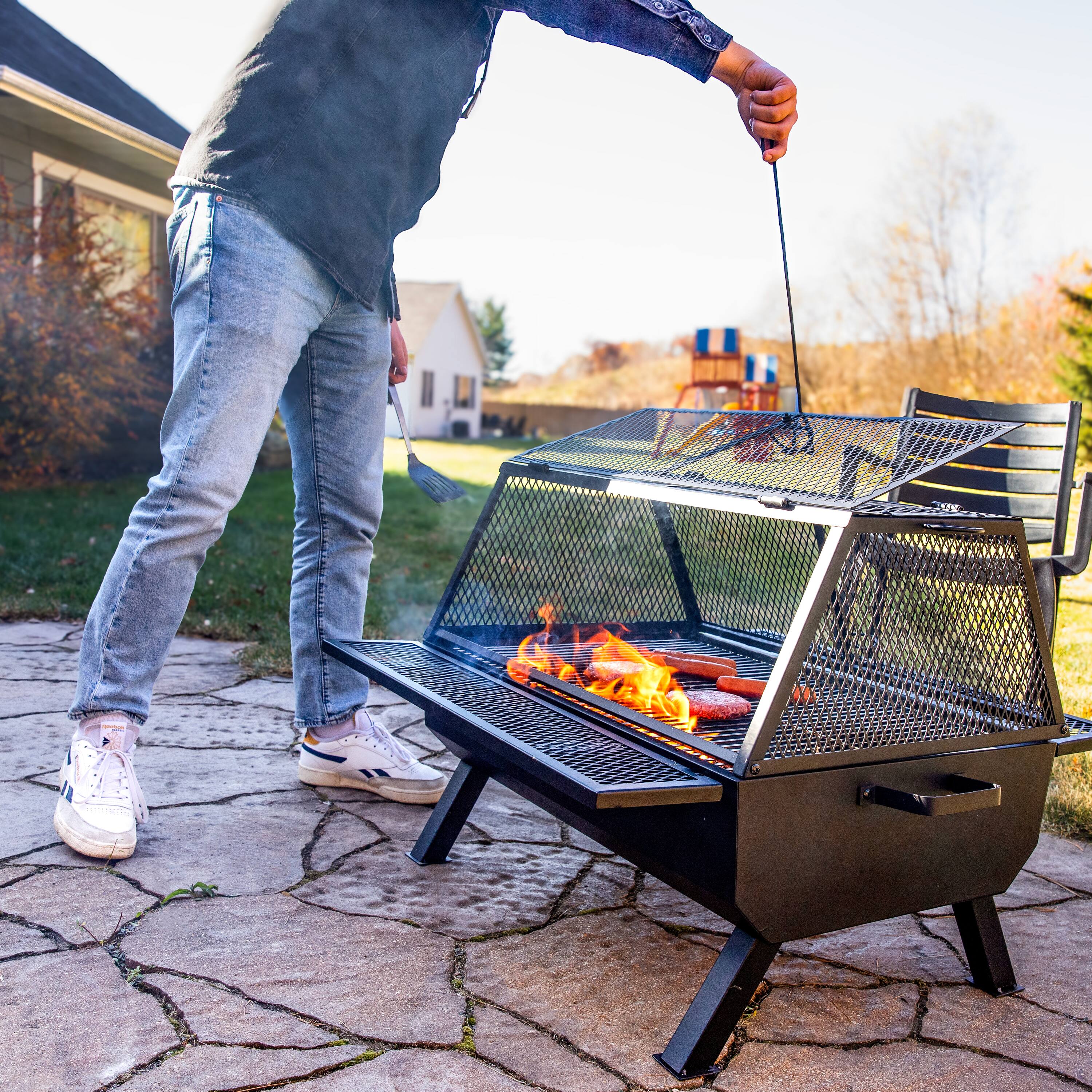 Alt View 7. Sunnydaze - Steel Grilling Fire Pit with Cooking Grate and Spark Screen - Black.