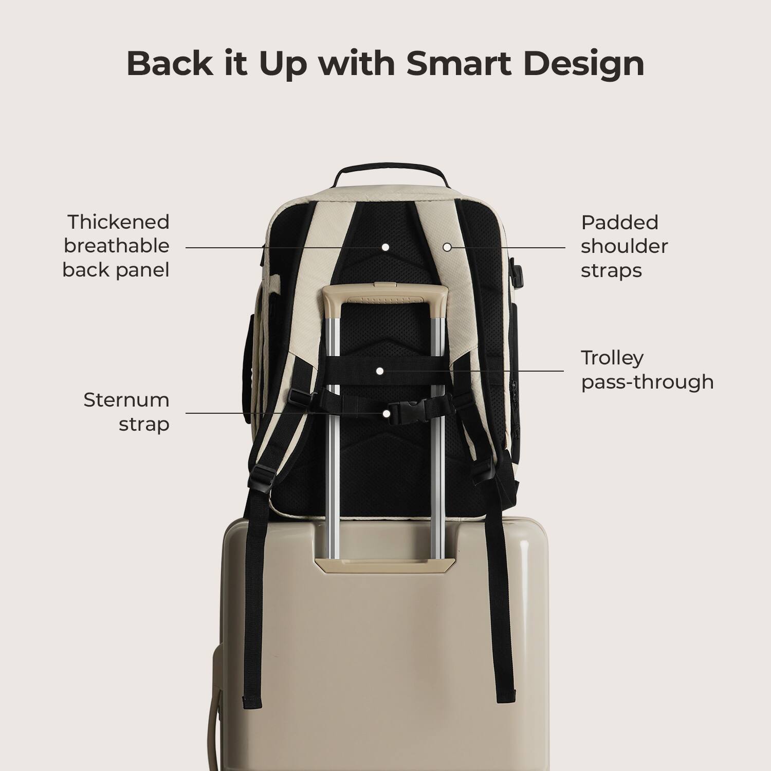 Back it Up with Smart Design  
Thickened breathable back panel  
Padded shoulder straps  
Sternum strap  
Trolley pass-through