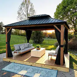 PURPLE LEAF - Outdoor Aluminum Wood Grain Hardtop Gazebo with Galvanized Steel Double Roof with Netting and Curtains - 10' X 12'