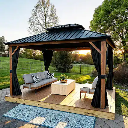 Front. PURPLE LEAF - 10' X 12' Outdoor Aluminum Wood Grain Hardtop Gazebo with Galvanized Steel Double Roof with Netting and Curtains - 10' X 12'.