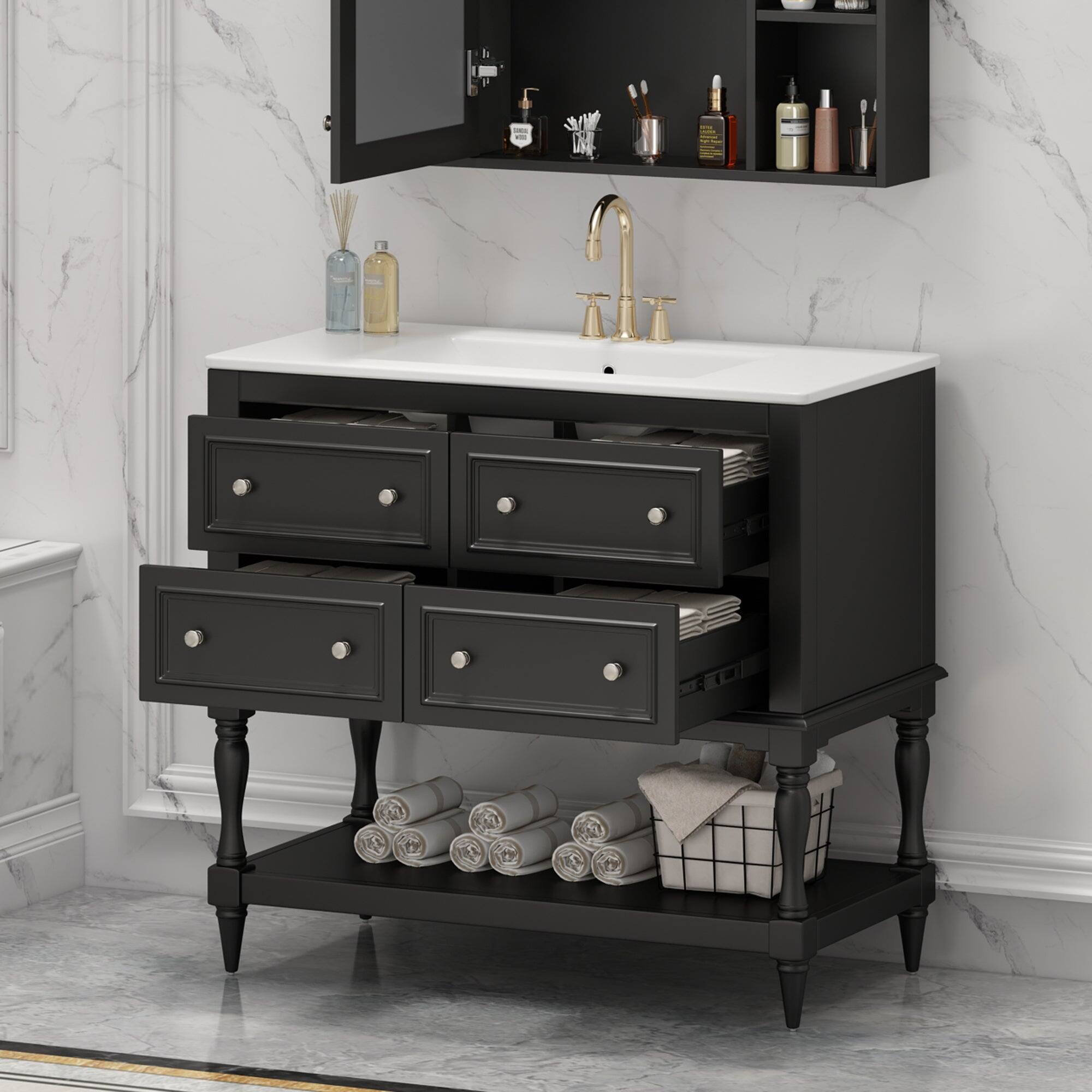 Alt View 7. Boyel Living - 36 Inch Modern Bathroom Vanity with Ceramic Sink Four Drawers Two Cabinets Black - Black.