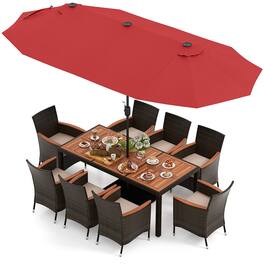 Gymax - 9 Piece Patio Wicker Dining Set w/ Double-Sided Patio Wine Umbrella Stackable Chairs - Beige, Mix Brown, Wine