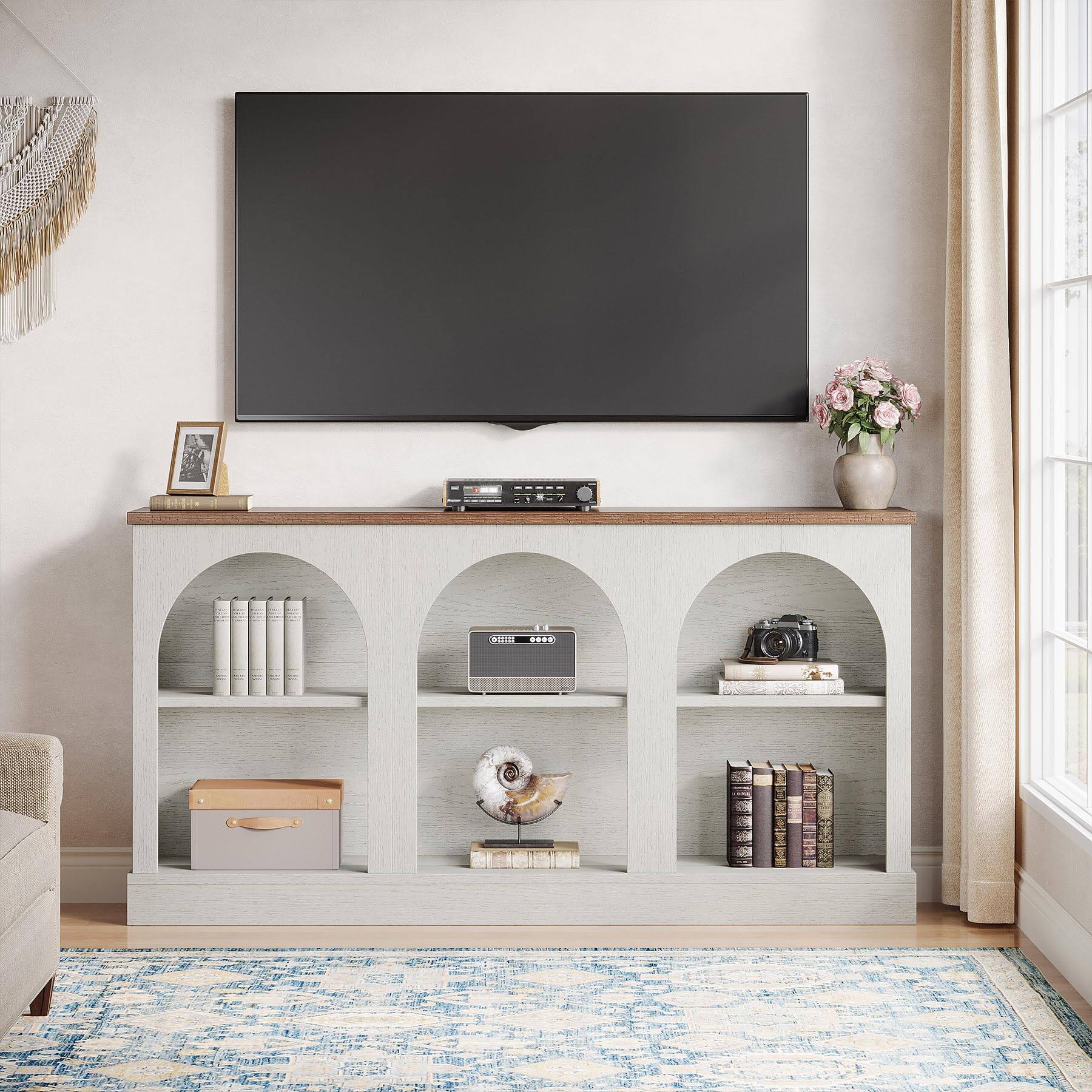 Back. Tribesigns - 63-Inch Arched Farmhouse TV Stand with 3 Open Storage Compartments for TVs up to 65 Inches - Off-white and Brown.