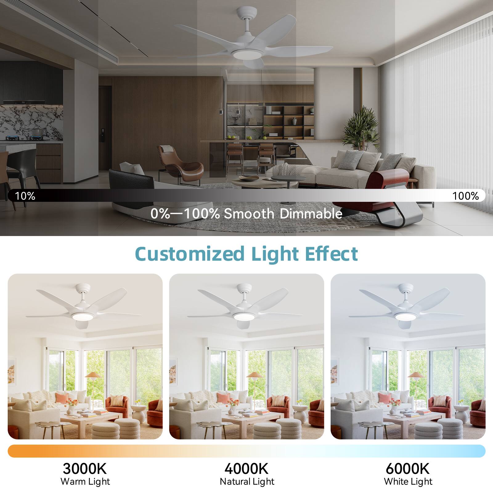 0%–100% Smooth Dimmable

Customized Light Effect

3000K Warm Light

4000K Natural Light

6000K White Light