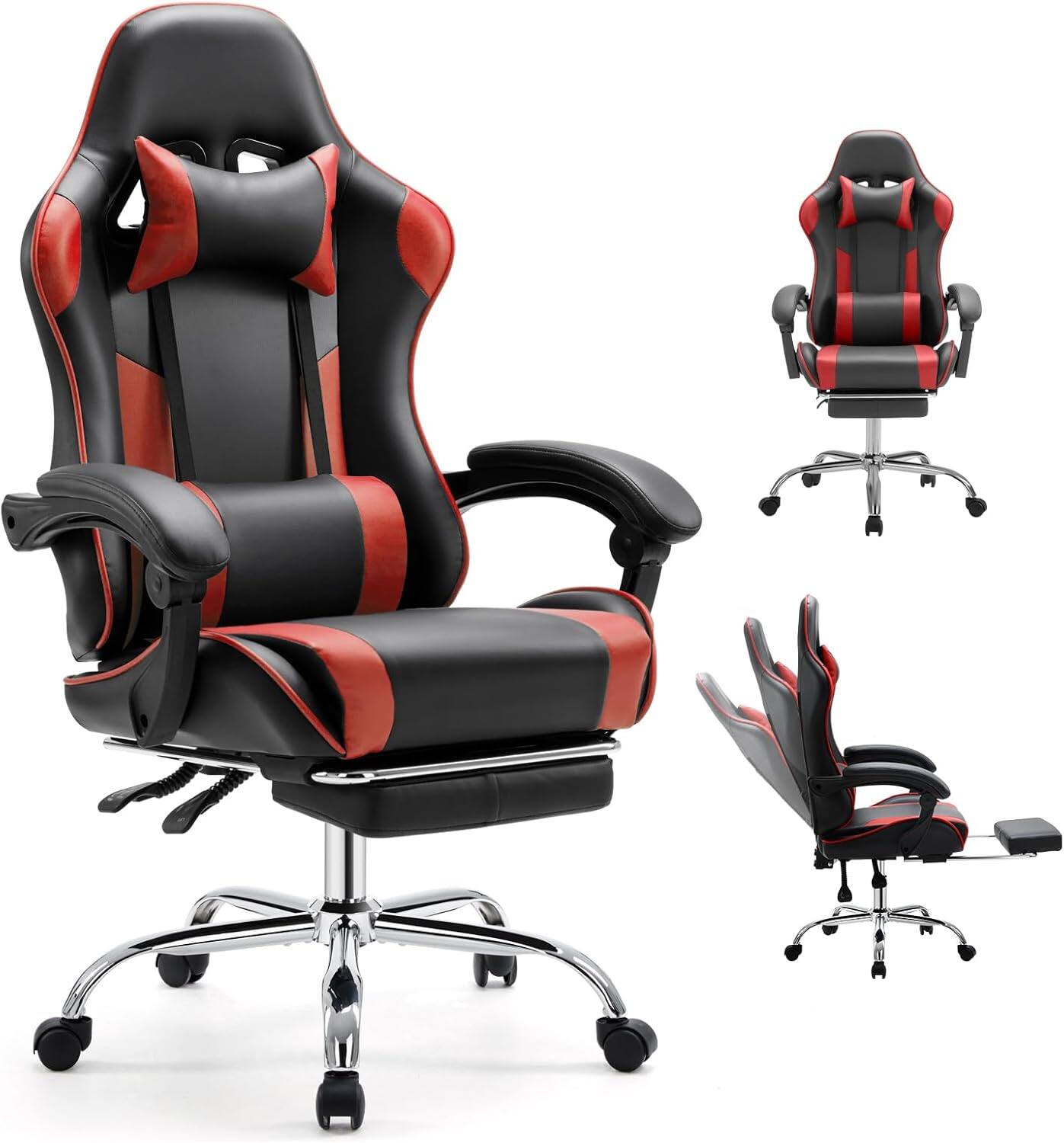 Angle. Sweet - Ergonomic Gaming Chair with Footrest and Headrest, PU Leather Height Adjustable Office Desk Chairs for Adults - Black Red.