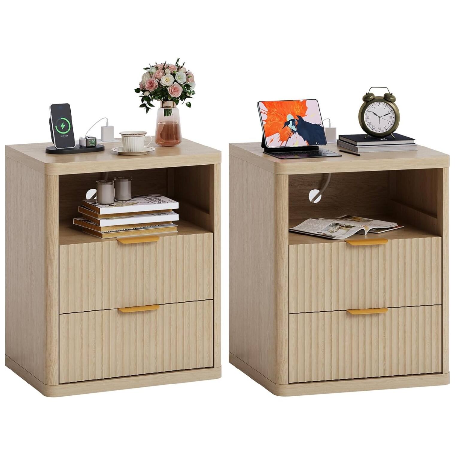 Front. GARVEE - Fluted Nightstand Set of 2, Bedside Table Built-in Charging Station, Featuring 2 Drawer & Open Storage Space, Natural - Natural.