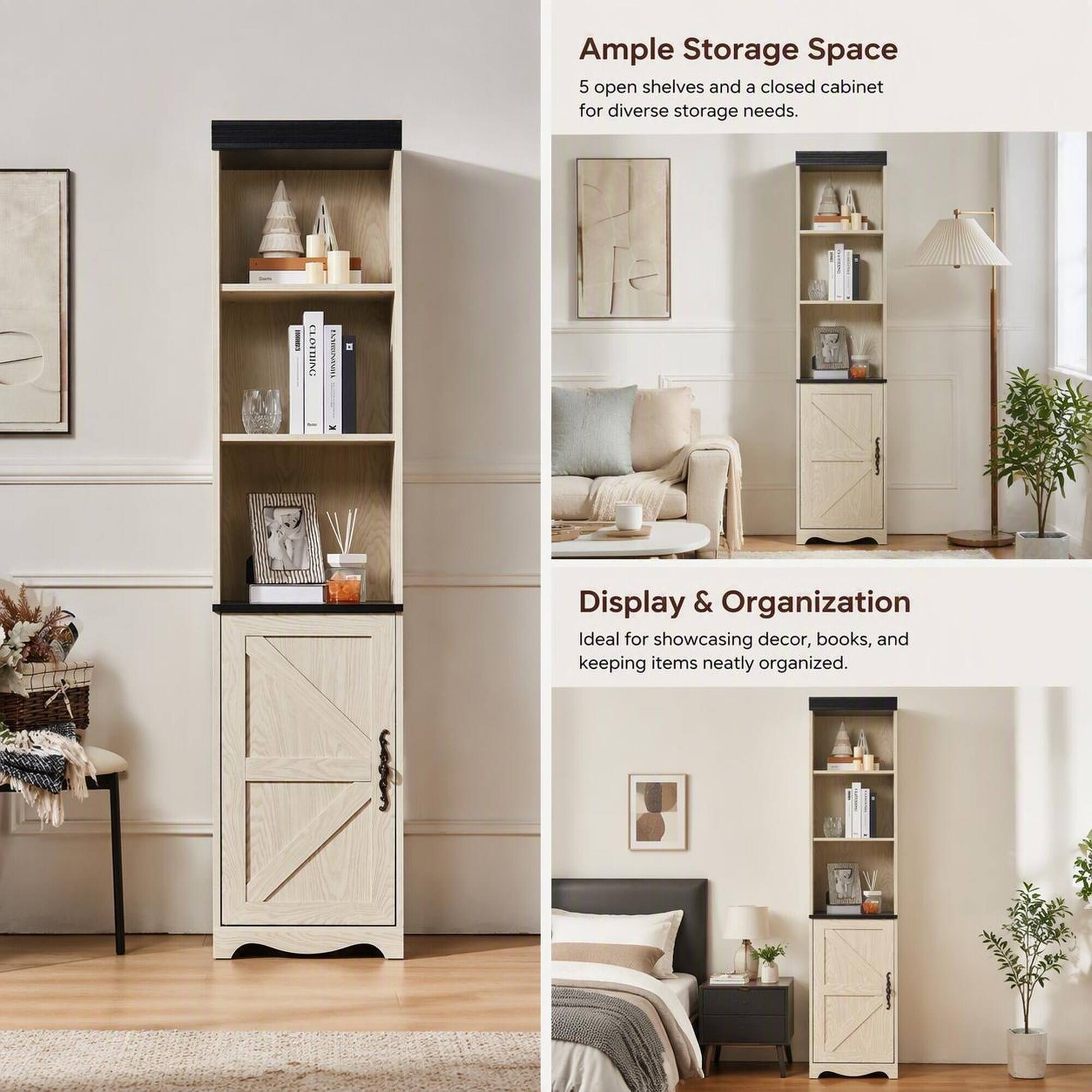 Ample Storage Space  
5 open shelves and a closed cabinet for diverse storage needs.

Display & Organization  
Ideal for showcasing decor, books, and keeping items neatly organized.