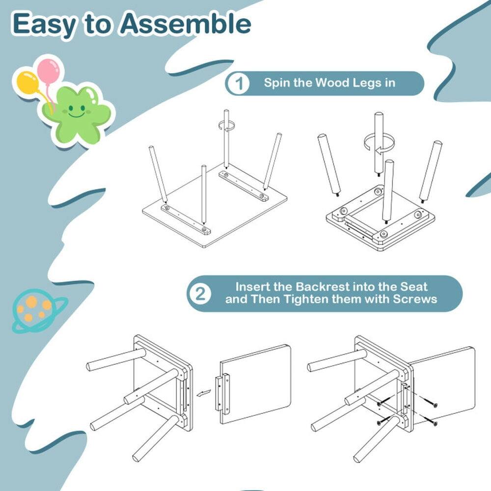 Easy to Assemble

1. Spin the Wood Legs in

2. Insert the Backrest into the Seat and Then Tighten them with Screws