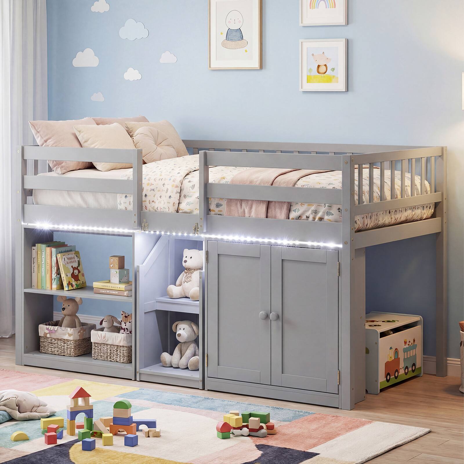 Alt View 1. Costway - Costway Low Loft Bed with LED Light, Stairs & Guardrails, Modern Wood Kids Twin Bed - Gray.