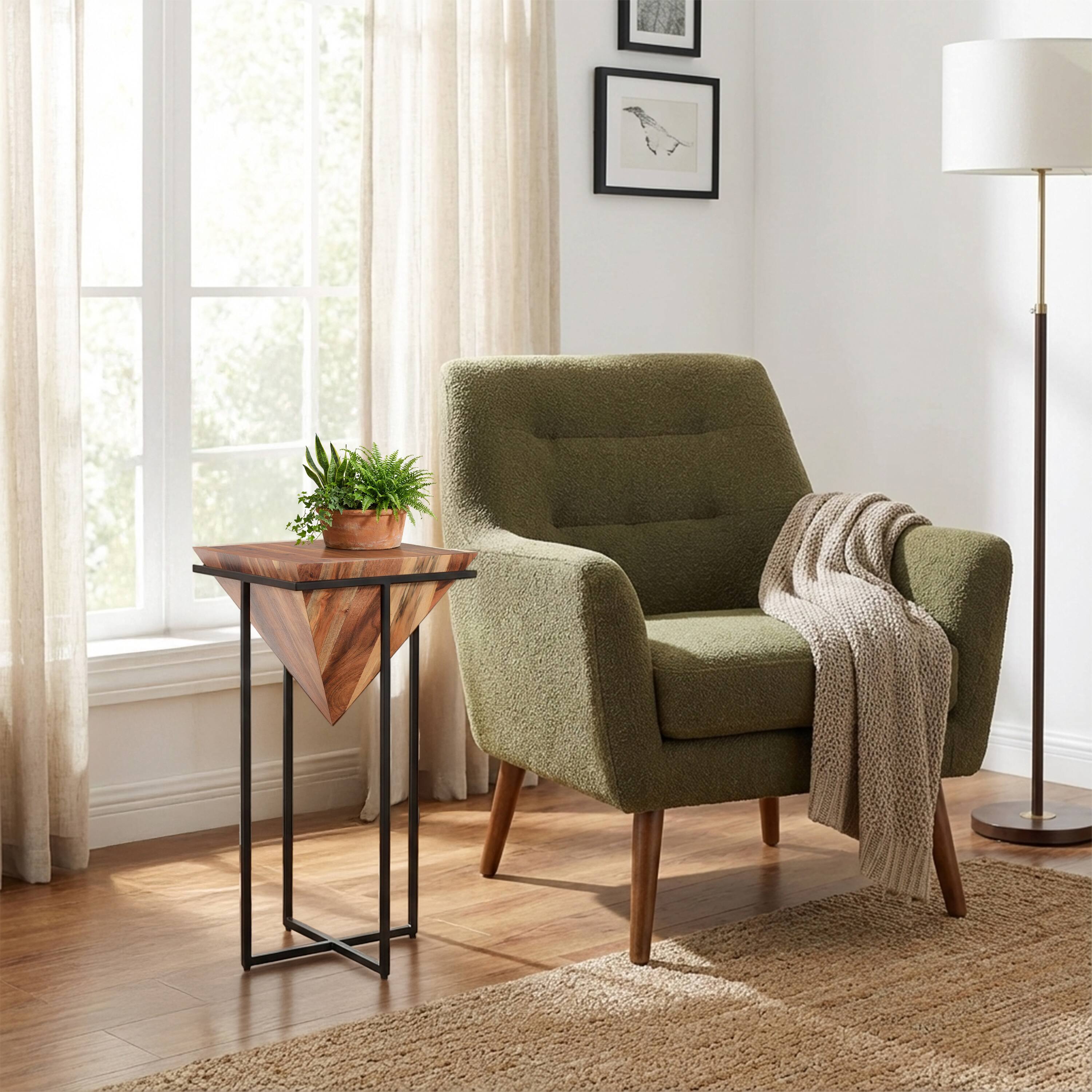 Alt View 8. Manhattan Lane - 30 Inch Pyramid Shape Acacia Wood Side Table With Cross Iron Base - Brown and Black.