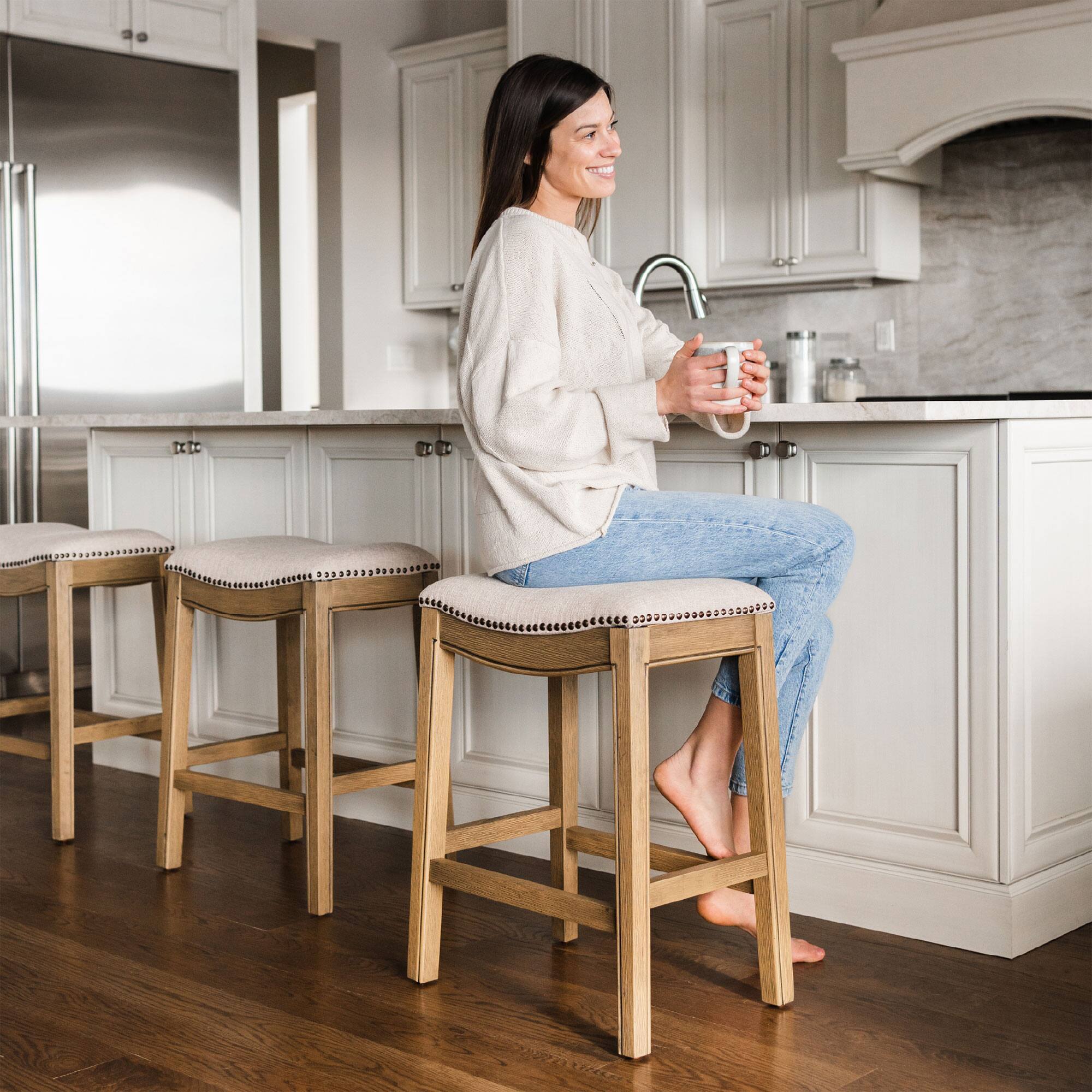 Alt View 10. Maven Lane - 26" Adrien Saddle Counter Stool In Natural Wood Finish With Fabric Upholstery - Natural Wood.
