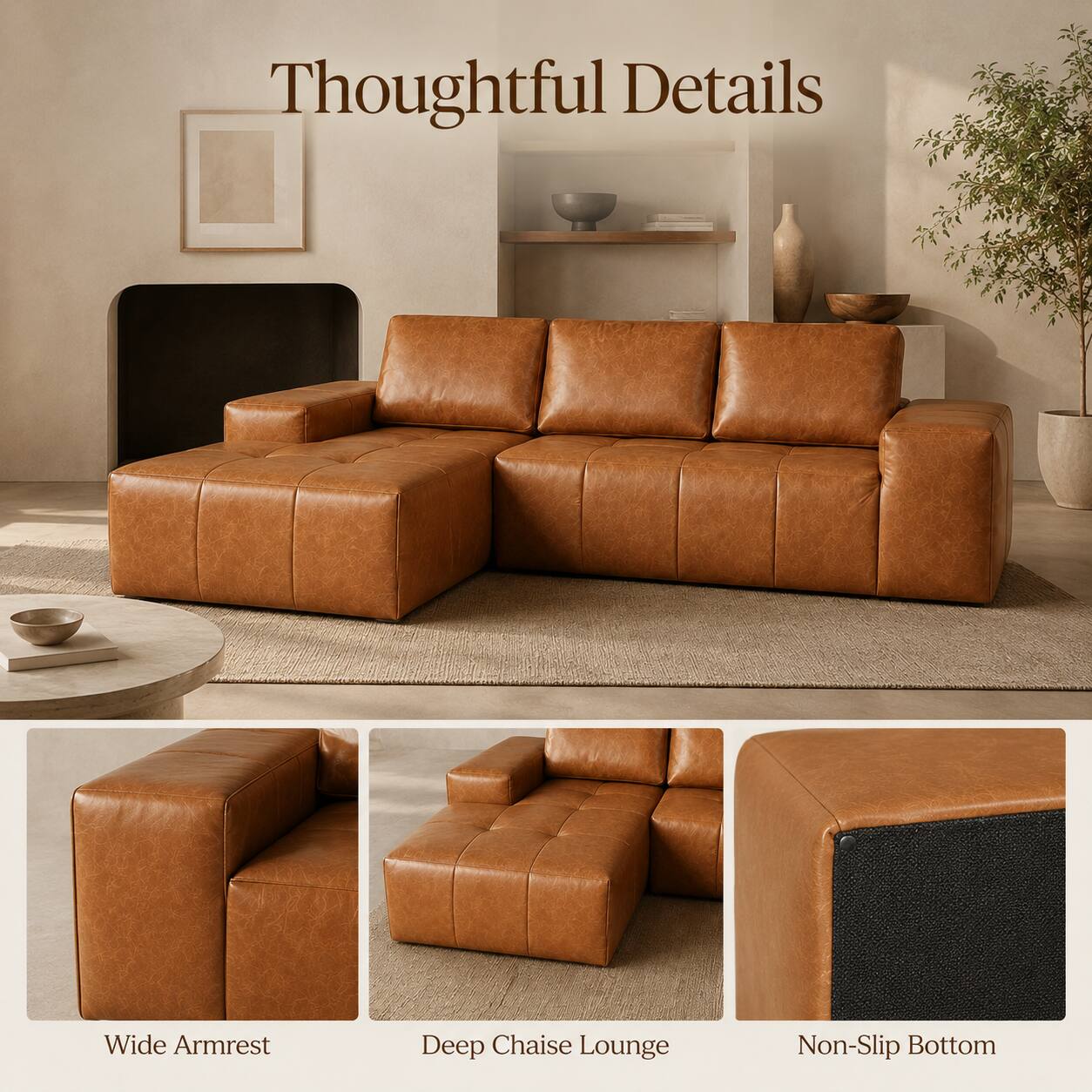 Thoughtful Details  
Wide Armrest  
Deep Chaise Lounge  
Non-Slip Bottom