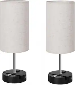 Oumilen - Dimmable Touch Lamps Set of 2 with USB Ports & AC Outlet - Small Bedside Lamps with Phone Stand & Linen Shade