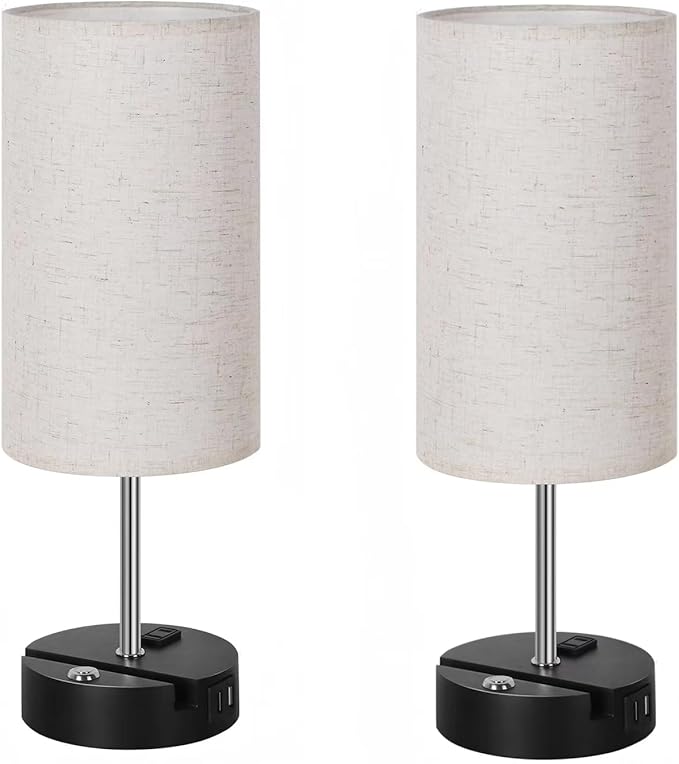 Front. Oumilen - Dimmable Touch Lamps Set of 2 with USB Ports & AC Outlet - Small Bedside Lamps with Phone Stand & Linen Shade.
