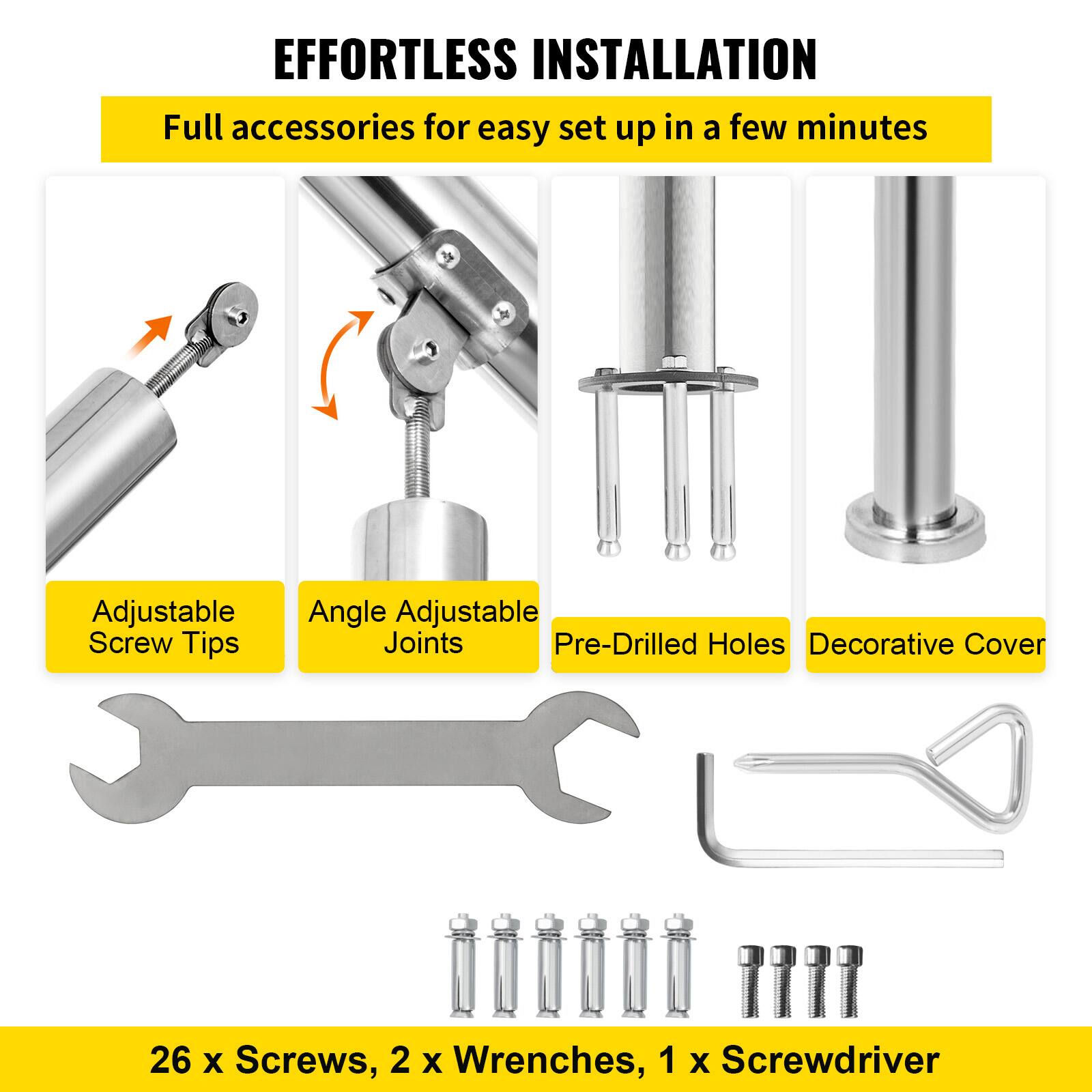 **Effortless Installation**

- Full accessories for easy set up in a few minutes
- Adjustable Screw Tips
- Angle Adjustable Joints
- Pre-Drilled Holes
- Decorative Cover
- 26 x Screws, 2 x Wrenches, 1 x Screwdriver