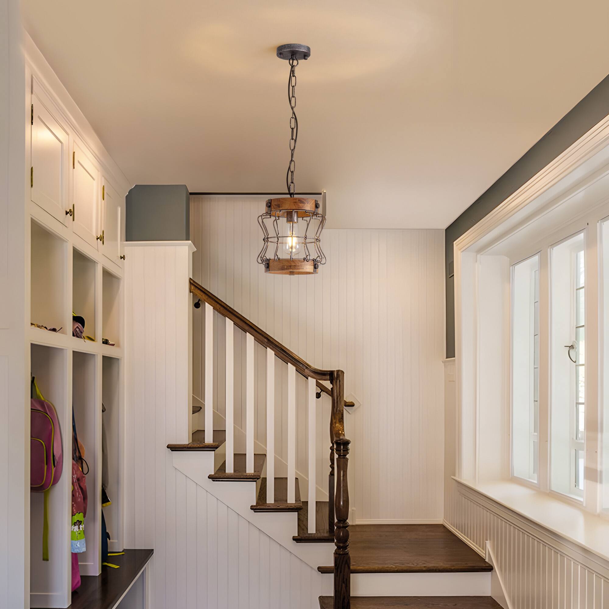 Alt View 6. Siljoy - 60W 1-Light Black Farmhouse Wood Kitchen Island Pendant Light with Burnt Wood Texture, 39 Inch Adjustable Chain - Black.
