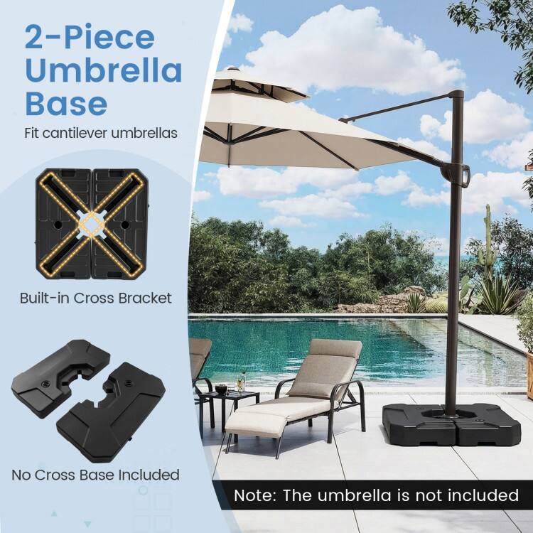 2-Piece Umbrella Base  
Fit cantilever umbrellas  
Built-in Cross Bracket  
No Cross Base Included  

Note: The umbrella is not included