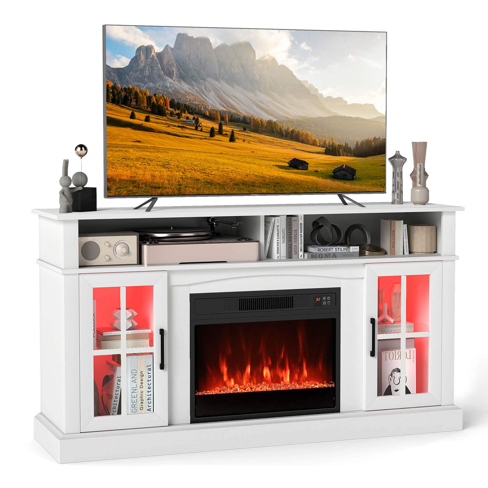 Costway - 58" Fireplace TV Stand with LED Lights Entertainment Center for 65 Inch TV - White
