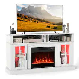 Costway - 58" Fireplace TV Stand with LED Lights Entertainment Center for 65 Inch TV - White