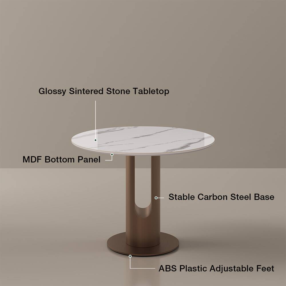Glossy Sintered Stone Tabletop  
MDF Bottom Panel  
Stable Carbon Steel Base  
ABS Plastic Adjustable Feet